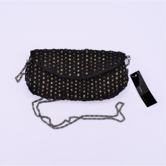 BLACK & TRI-GOLD BEADED EVENING BAG - Picture 1 of 5